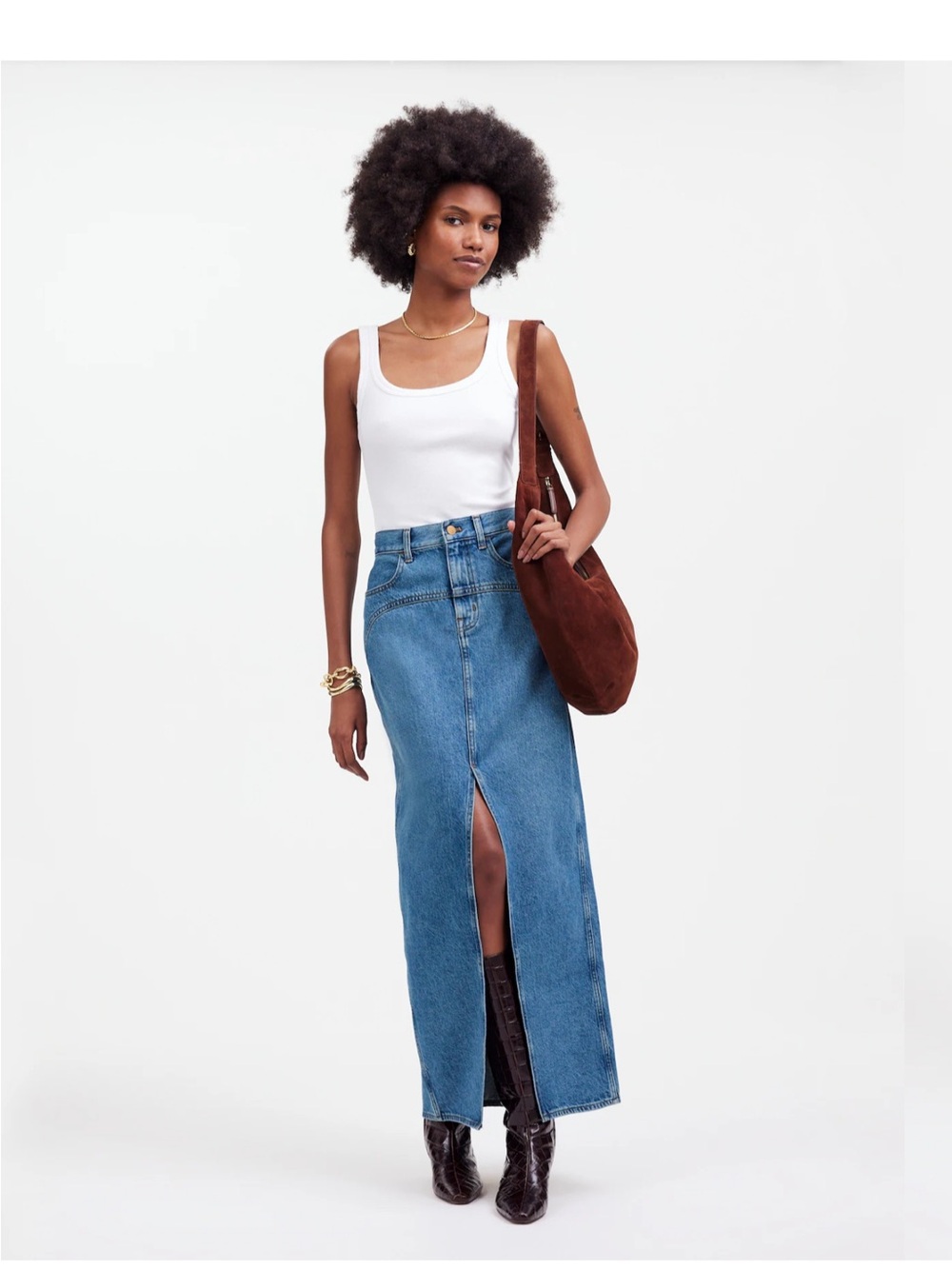 NWOT Madewell Blue Denim Western
Maxi Skirt Boho Front Slit Yolk Size 39" Fall - Picture 2 of 12
